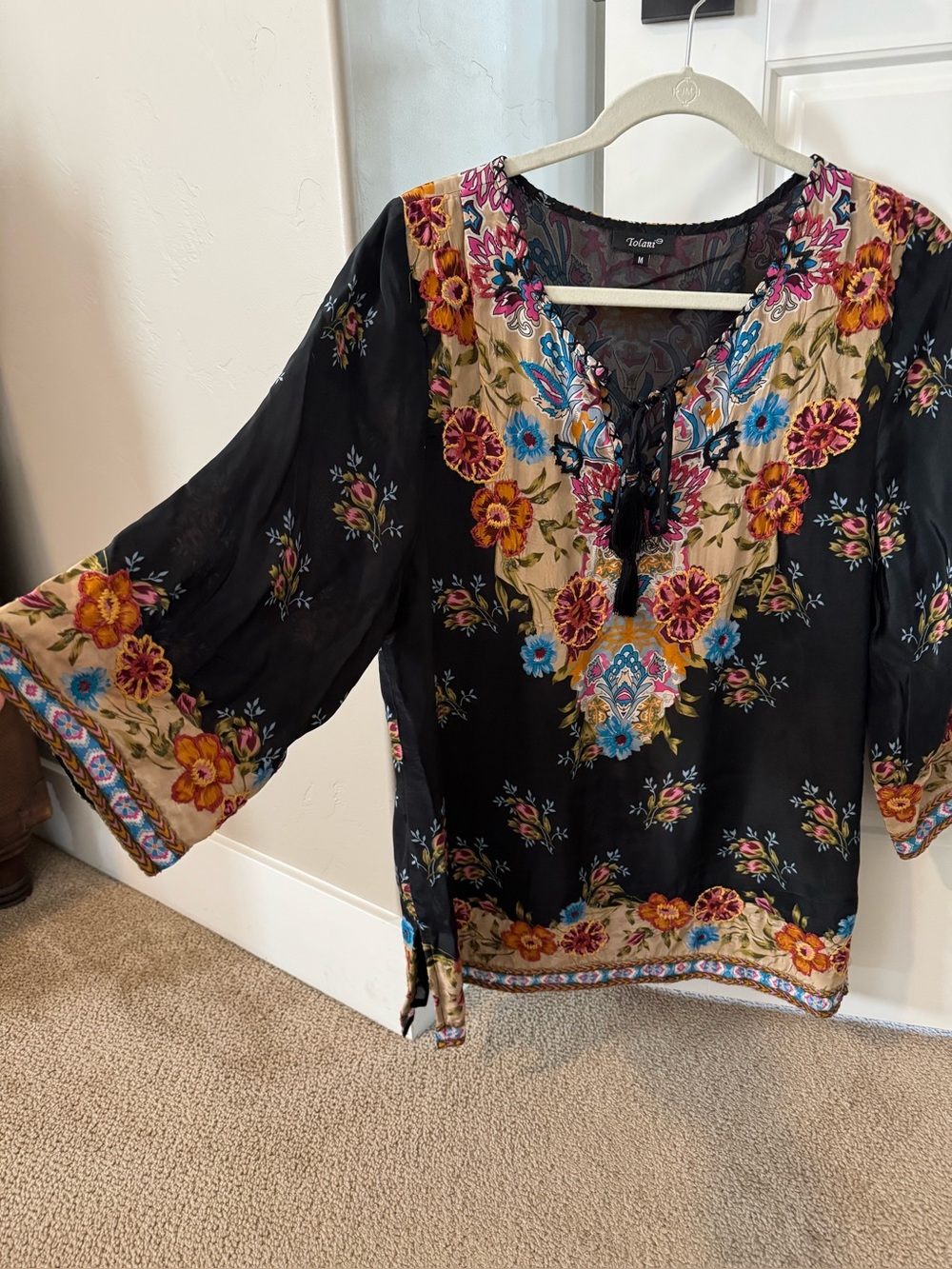 Johnny Was Black Floral Embroidered V-Neck Tunic with Multicolor Yoke